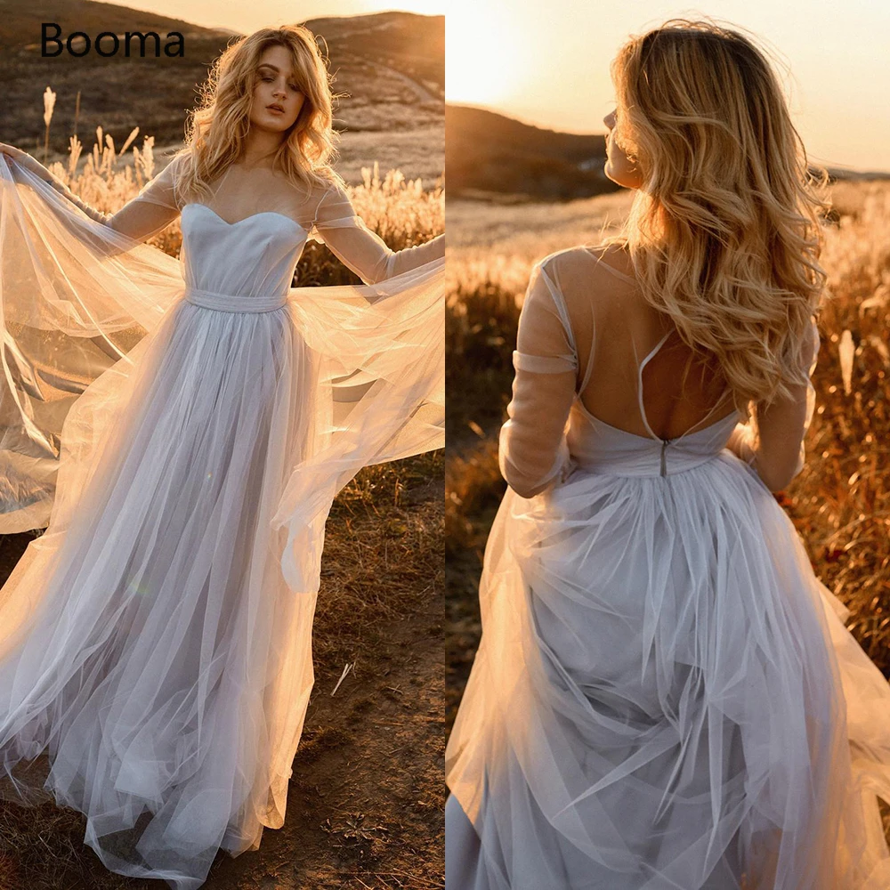 

Simple Beach Tulle Wedding Dresses Sweetheart Keyhole Back Bridal Gowns Long Illusion Sleeves Pleated Bride Dress Sheer Neckline
