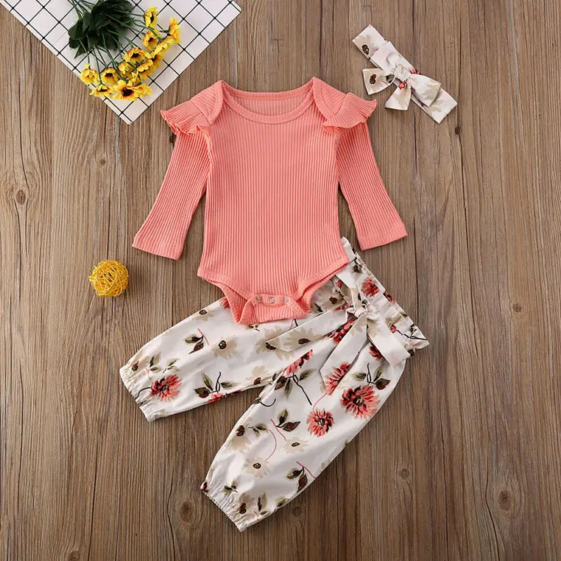 3 шт. трикотажные топы + длинные брюки с цветочным принтом повязка на