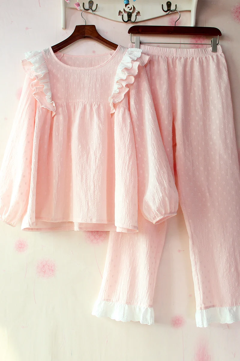 

2021 Spring and Autumn New Pure Cotton Sleepwear Ruffled Sweet Princess Long-Sleeved Pyjama Round Neck Pullover Pajamas Set