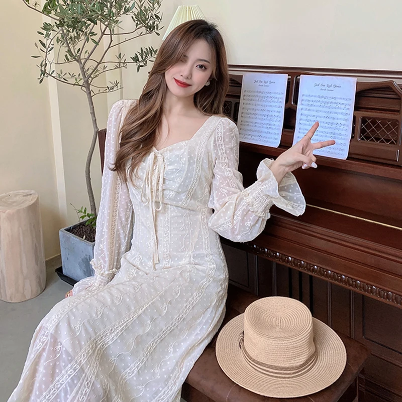 

Traf retro square collar drawstring waist slim trumpet long sleeve lace dress spring 2022 new French elegant dress