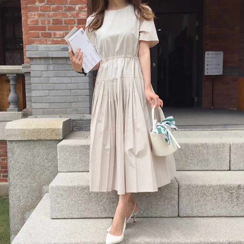 

HziriP OL Hot Summer O-Neck Pleated Dress Office Lady Mid-Calf Solid Drawstring Design Dresses Franch Stly A-Line Waist Elegant