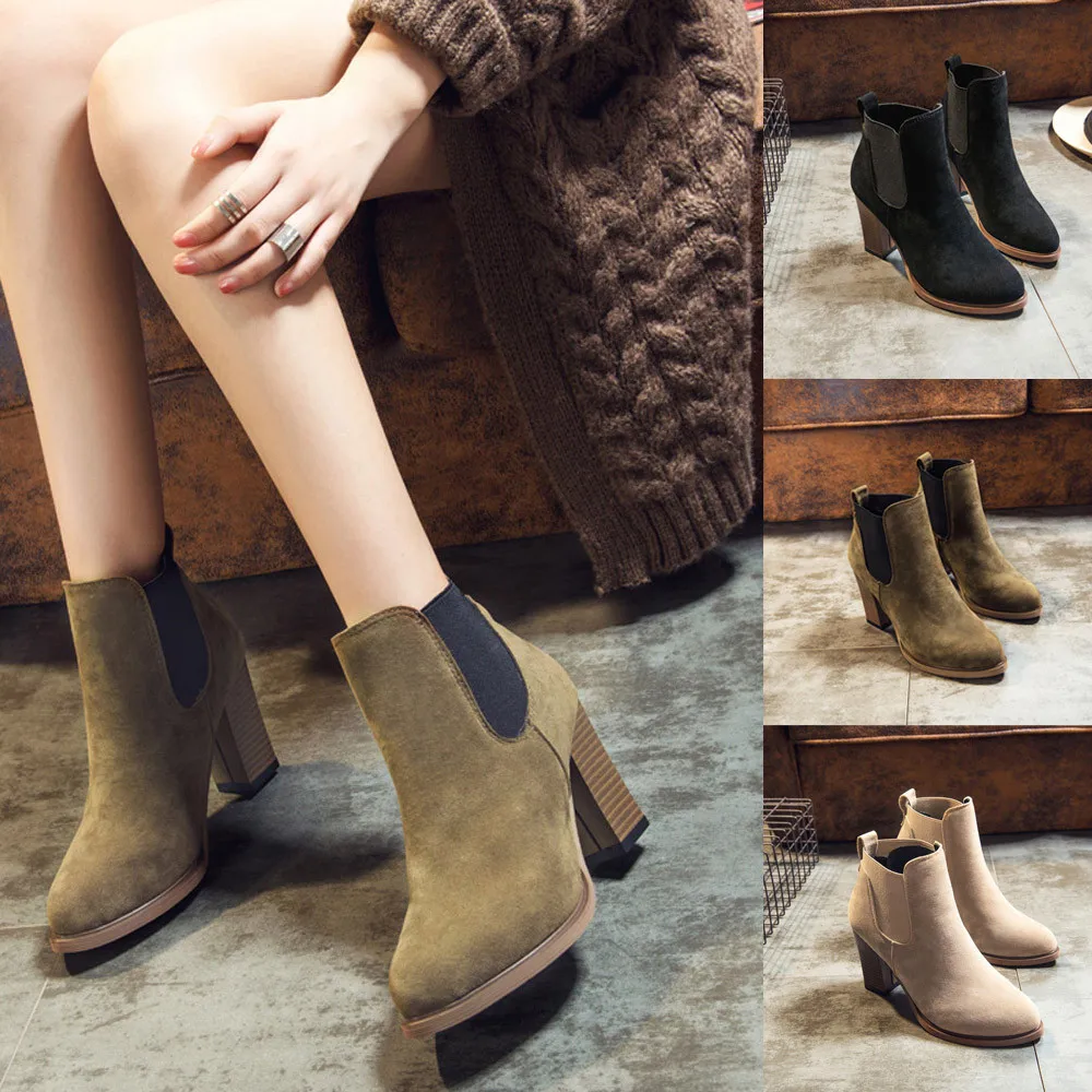 

Замшевые женские флоковые ботильоны без шнуровки с круглым носком и квадратным каблуком, однотонная женская обувь повседневные ботинки дл...