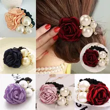 Faixa de cabelo de cetim com rosas, 1 peça, feminino, faixa elástica de cabelo, pérolas, suporte de rabo de cavalo, faixa de cabelo (1)