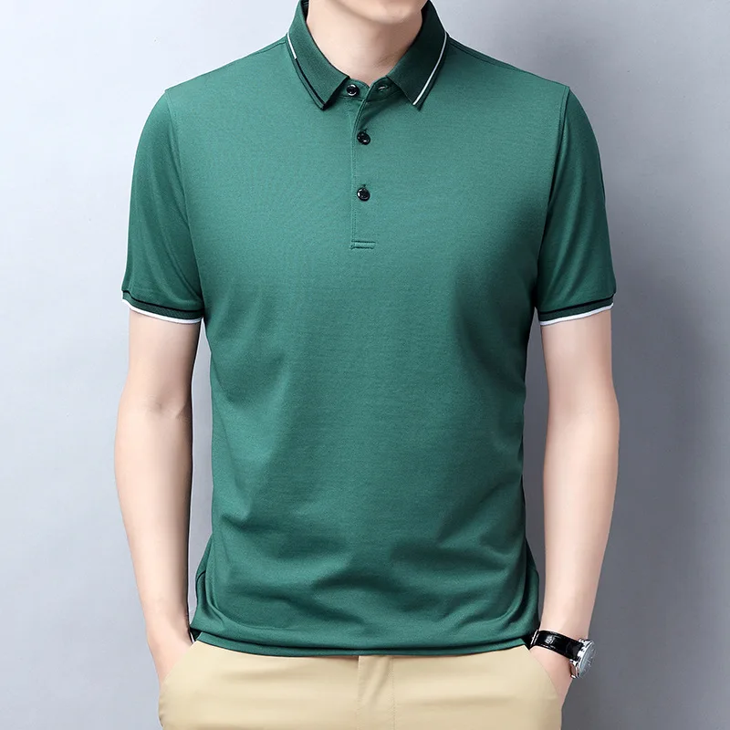 

Short sleeve t-shirt men's summer middle-aged Polo casual Lapel mulberry silk T-shirt dad's solid color top
