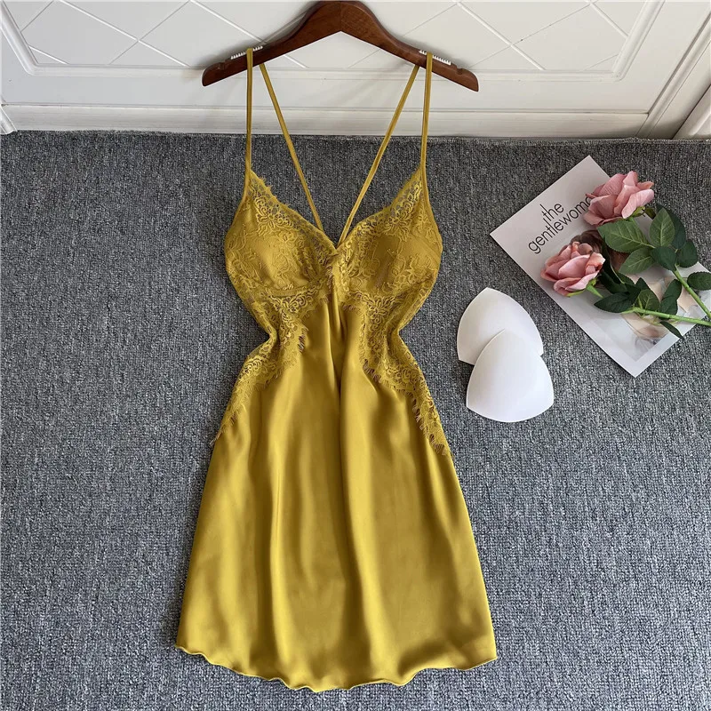 

Sexy Summer Mini Backless Nightgown Suspender Lace Nightdress Women Sleepwear Sleepshirt Silky Satin Intimate Lingerie Homewear