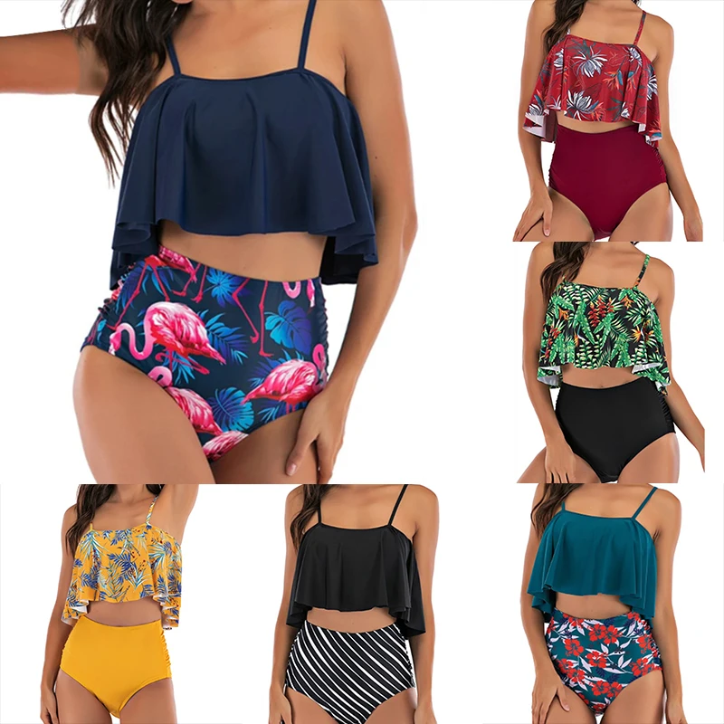 

С цветочным рисунком размера плюс с оборками Для женщин купальник бикини со сборками на Высокая Талия, большой размер, купальник, купальный ...