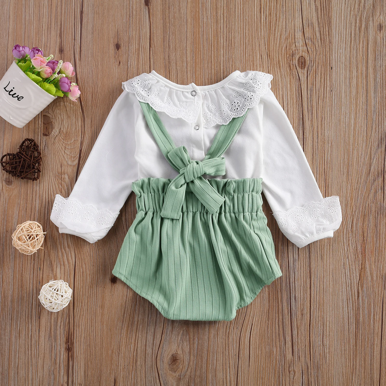 

Pudcoco 2020 Autumn 0-24M Toddler Baby Girl 2Pcs Set Lace Ruffled Neck Long Sleeve Top+Green Suspender Shorts Spring Outfit
