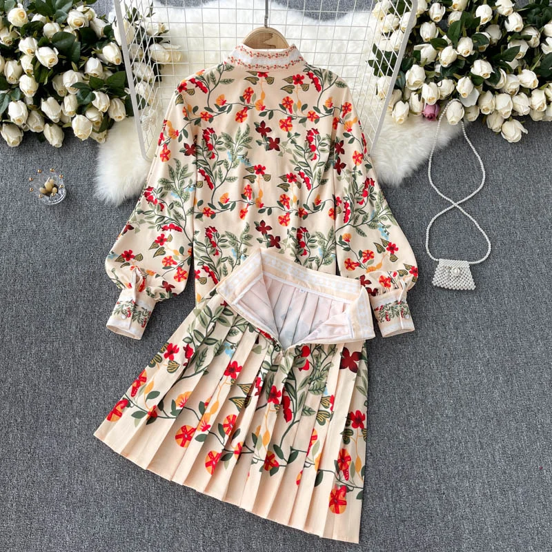 

Женская плиссированная мини-юбка с воротником-стойкой, Топ с длинным пышным рукавом и принтом, короткий комплект из двух предметов, Повседн...