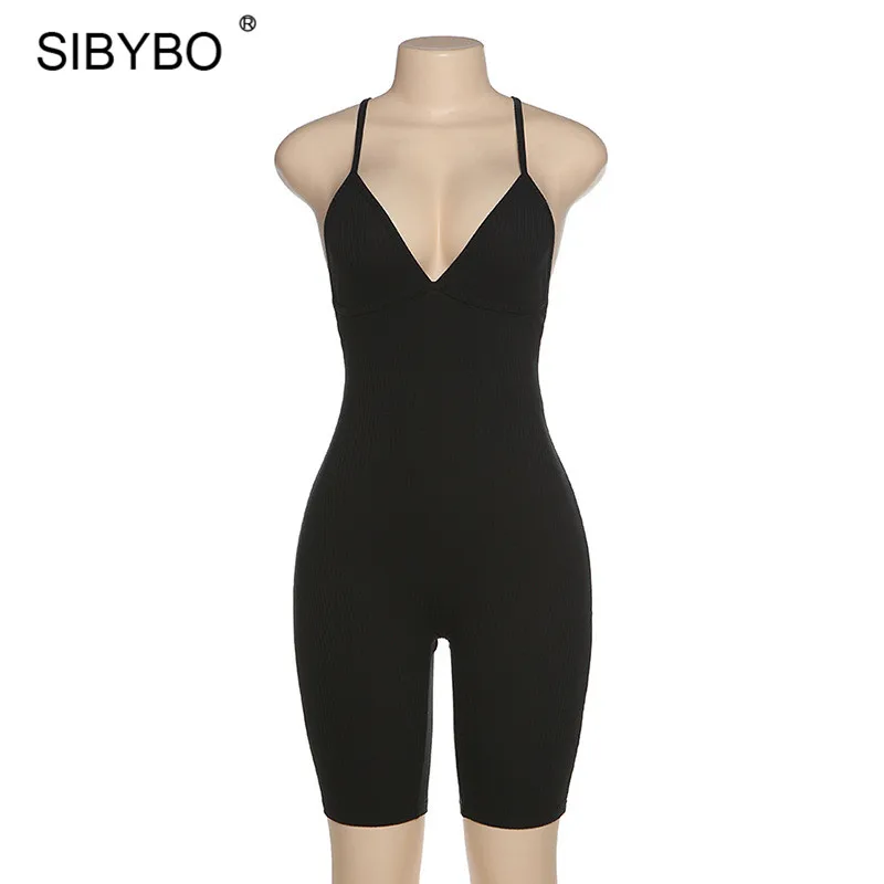 Женский Короткий комбинезон на бретельках SIBYBO летний трикотажный с открытой