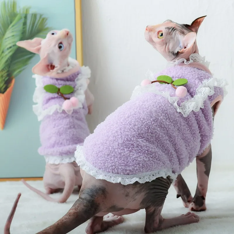 

New Autumn Winter Sphynx Cat Clothes Fleece Warm Purple Lace Vest For Hairless Cat Clothes Classic Puppy Pet Female Cats Clothes