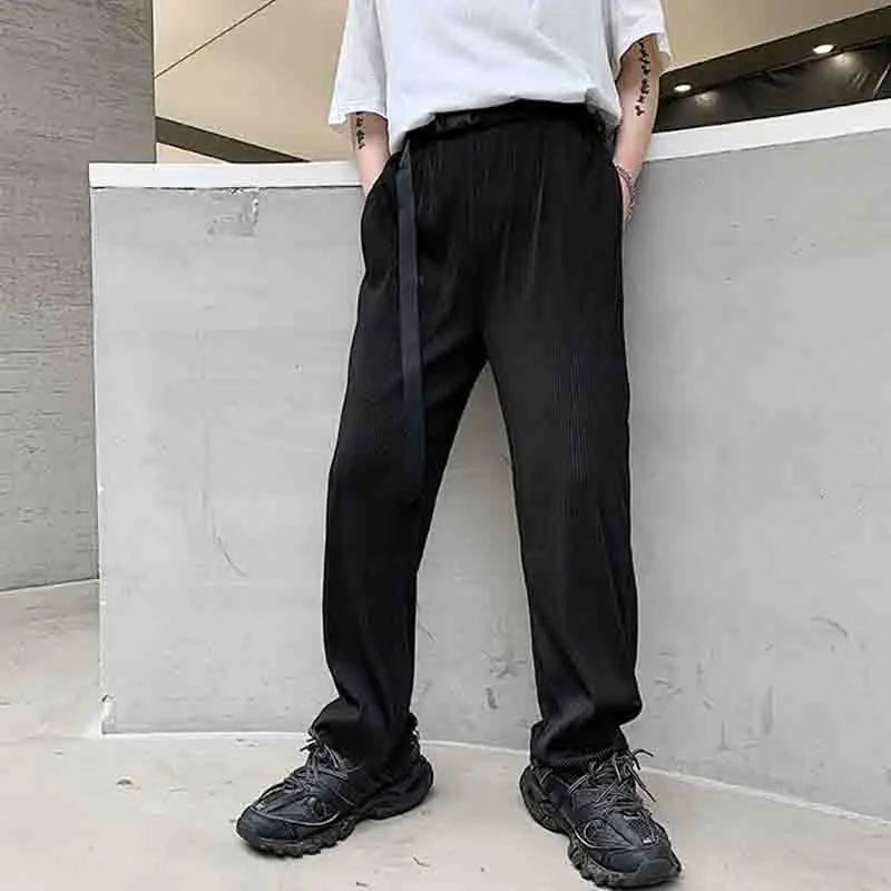 

Harlem trendy men's casual pants Japanese ribbon summer pants straight tube personalized pleated small group loose skirt pants