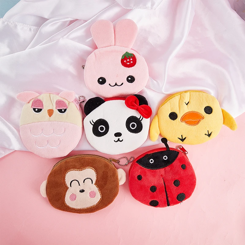 Женский кошелек для мелочи мягкий плюшевый бумажник на молнии с милыми животными