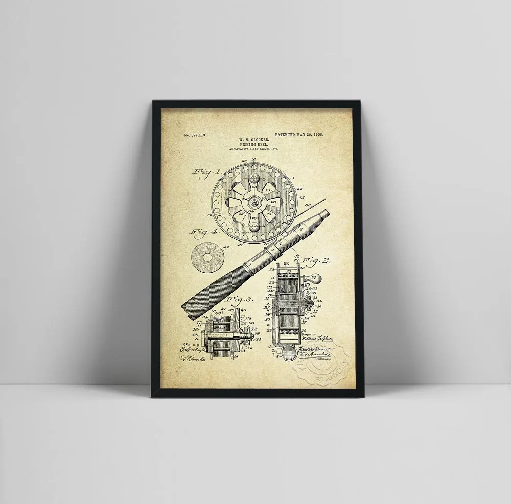 

Retro Fishing Reel Patent Poster Vintage Wall Prints Pictures Blueprint Canvas Painting Wall Art Decoration for Fisherman Gifts