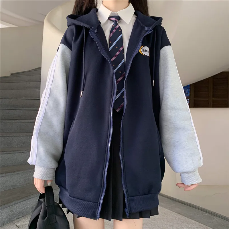 Harajuku Hoodies Casual Winter Sweatshirt Zipper Pocket Sweatshirt Solid Color Coating Korean Loose Wild Sweetshirt for Girls