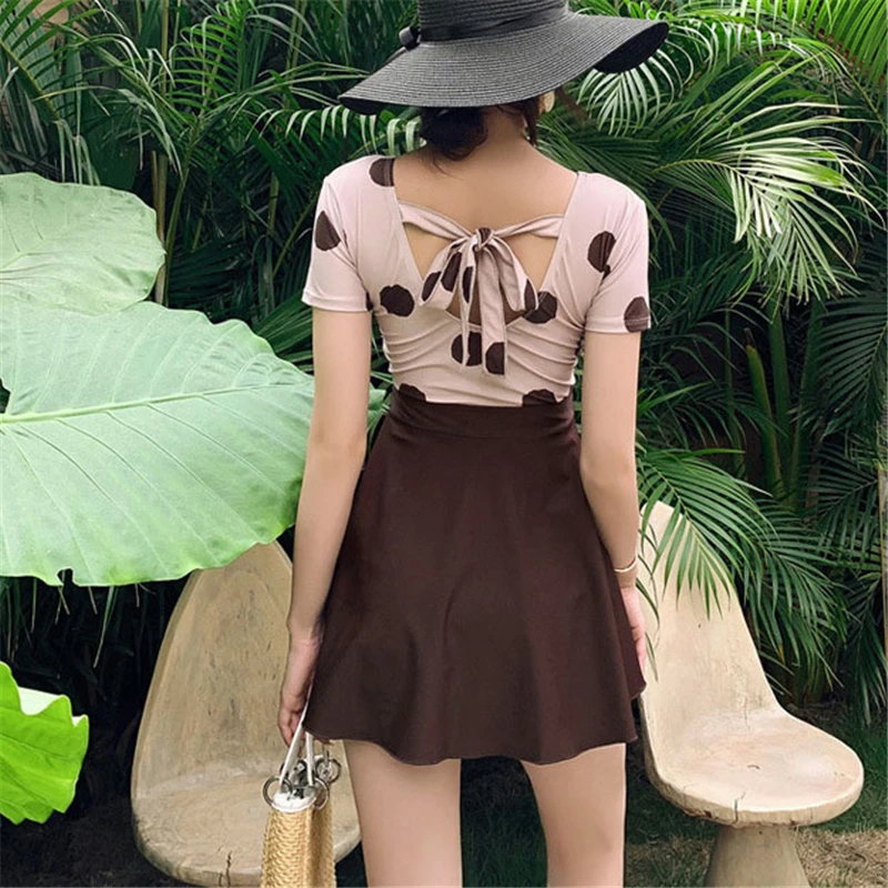

2020 Summer New Swimsuit Women Retro Polka Dot Short Sleeve Color Matching Backless Hot Spring Swimsuit FC9
