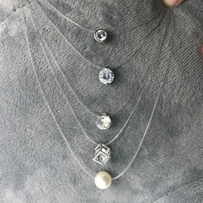 

New Personality Fashion Square Imitation Pearl Crystal Zircon Necklace Invisible Transparent Fishing Line Necklace Women