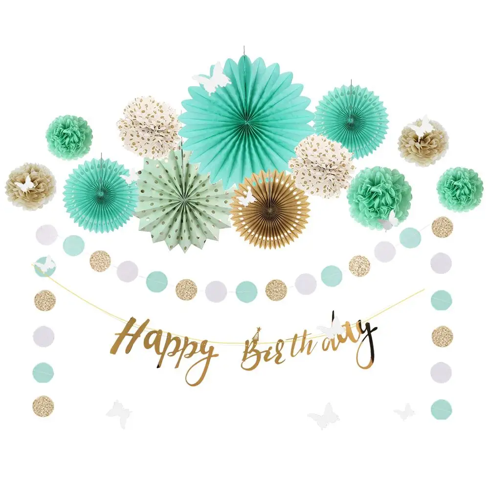 

15pcs Mint Green Party Decoration Happy Birthday Banner PomPom Flower Paper Fans Gold Glitter for Summer Party Decorations