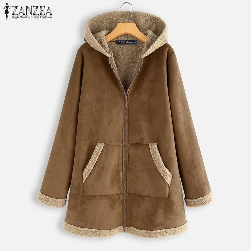 

ZANZEA Women 2022 Auutmn Winter Hooded Coats Jackets Casual Long Sleeve Patchwork Outwear Fleece Zip Up Oversized Windbreakers
