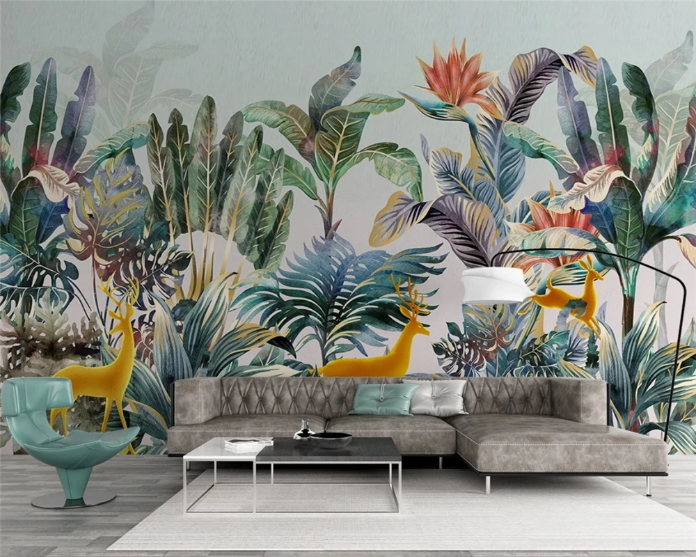 beibehang papier peint Custom hand-painted fashion Nordic tropical plant elk light luxury small fresh background wallpaper | Обустройство