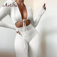 artsu solid jumpsuit bandage drawstring backless one piece outfit sexy long sleeve body shaping bodysuit hipster female