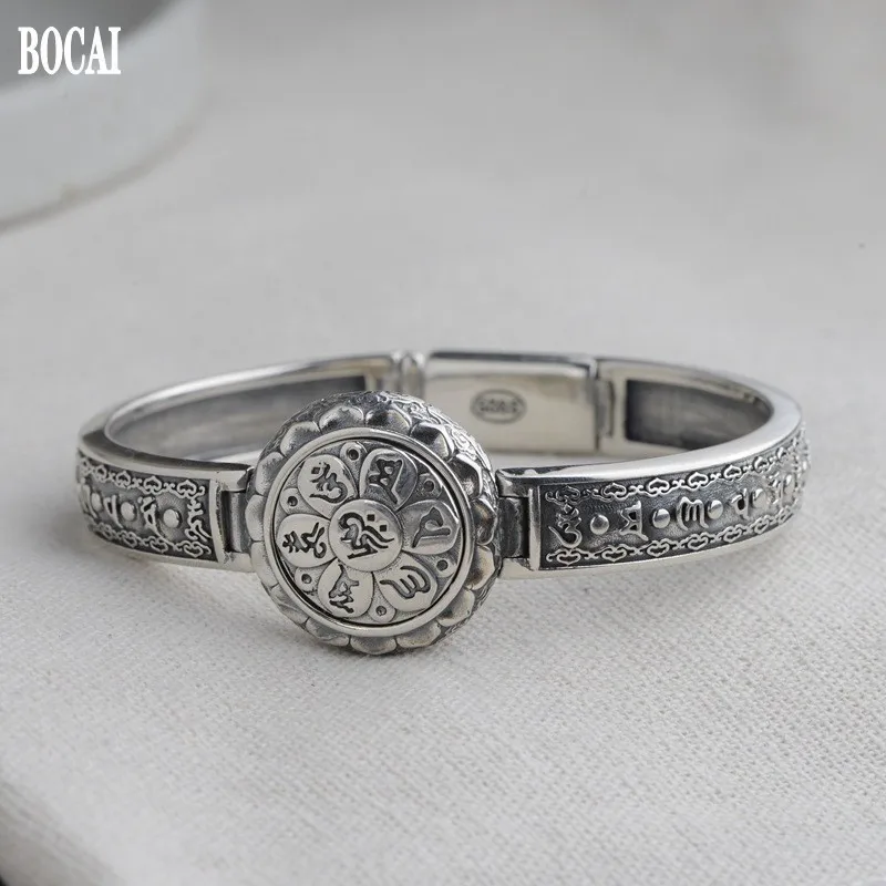 

BOCAI Новые однотонные S925 серебро мужской браслет тайский серебряный благоприятный; С узором из облаков с Ваджра шесть-персонаж браслет с ман...