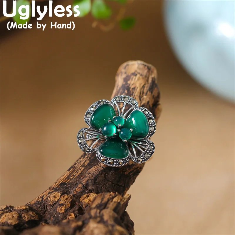 

Uglyless Exaggerated Big Marcasite Flowers Rings for Women Natural Agate Chalcedony Rings Real 925 Silver Hollow Floral Jewelry
