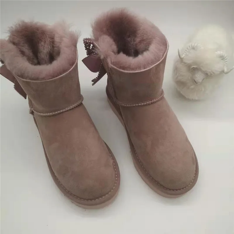 Blinging/; красивые женские зимние ботинки из натуральной овечьей кожи с бантом; женские ботинки на натуральном меху; теплые зимние ботинки с шерстью