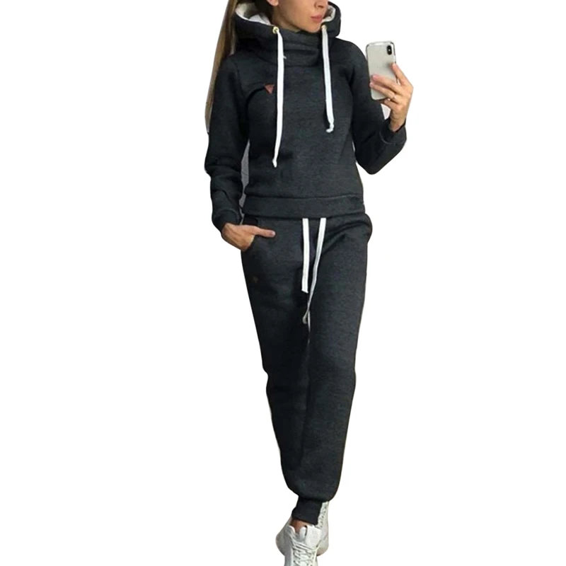 Style 1-Black Женский комплект из 2 предметов для бега, однотонный спортивный костюм с капюшоном, одежда для тренировок, повседневные свободные толстовки, костюмы для бега, спортивная одежда - Цвет: Style 1-Black