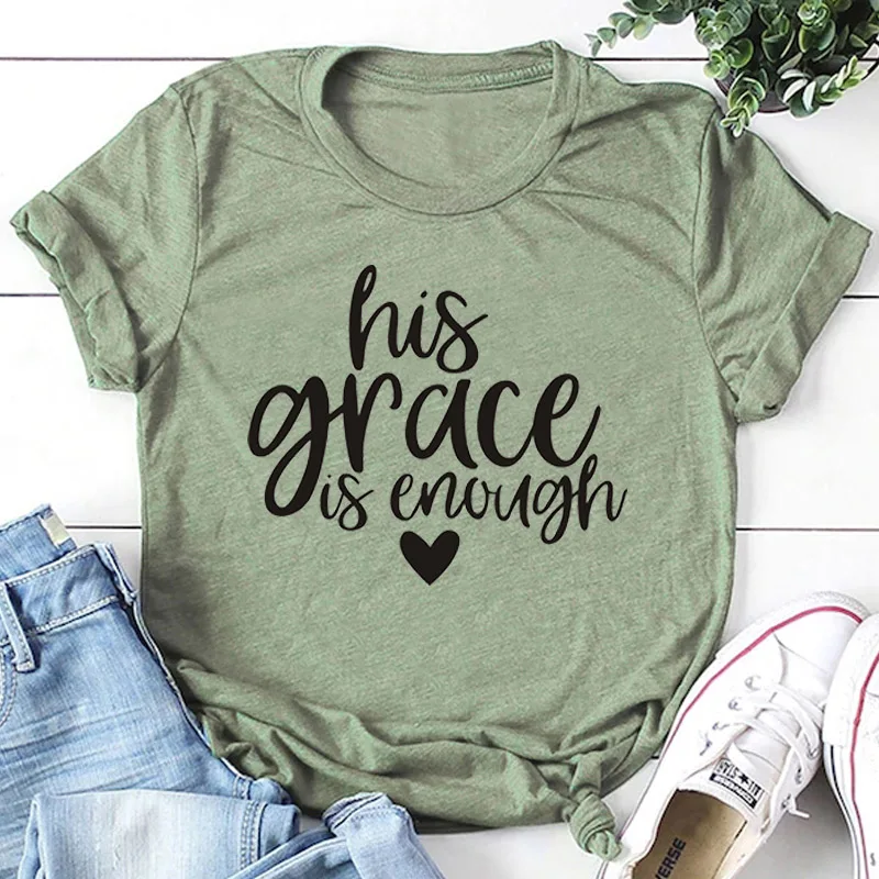 olive tee black text Футболка с надписью «his grace is enough» серая футболка с надписью «His Grace is enough» хлопковая футболка с надписью «his grace is enough» S-3XL - Цвет: olive tee black text