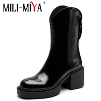 mili miya delicate genuine leather round toe western ankle boots zip thick high heels platform solid color nightclub dress shoes