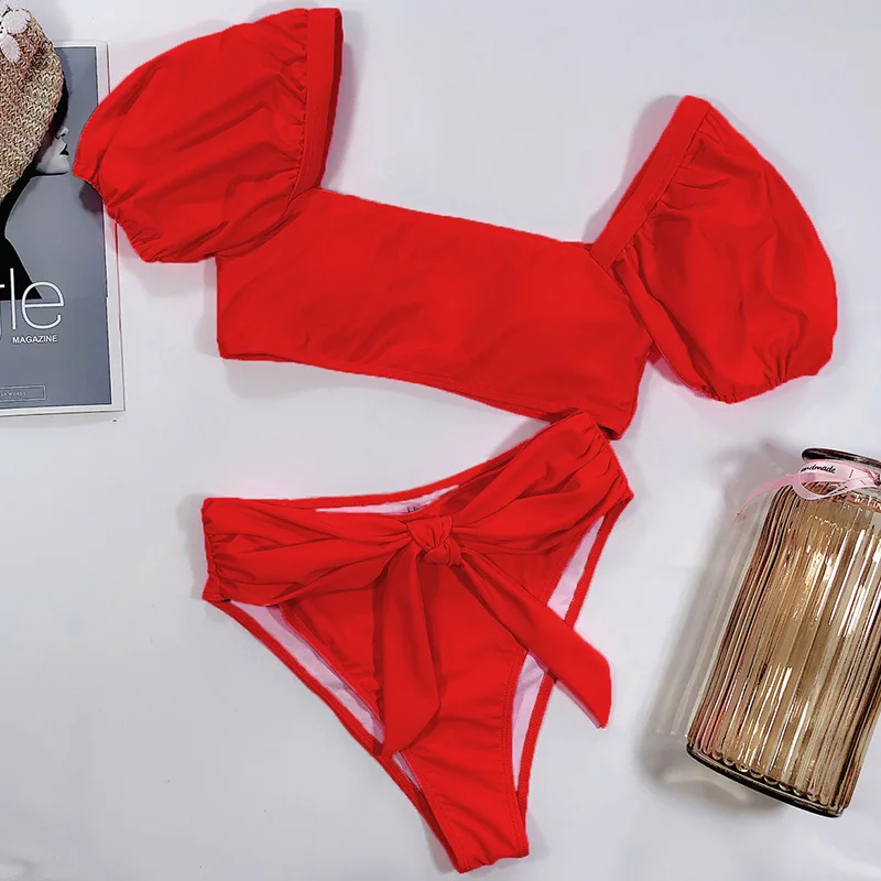 

Knotted Female Swimsuit High Waist Bikini Women Swimwear Two-pieces Bikini set Short Sleeve Bather High cut Bathing Suit