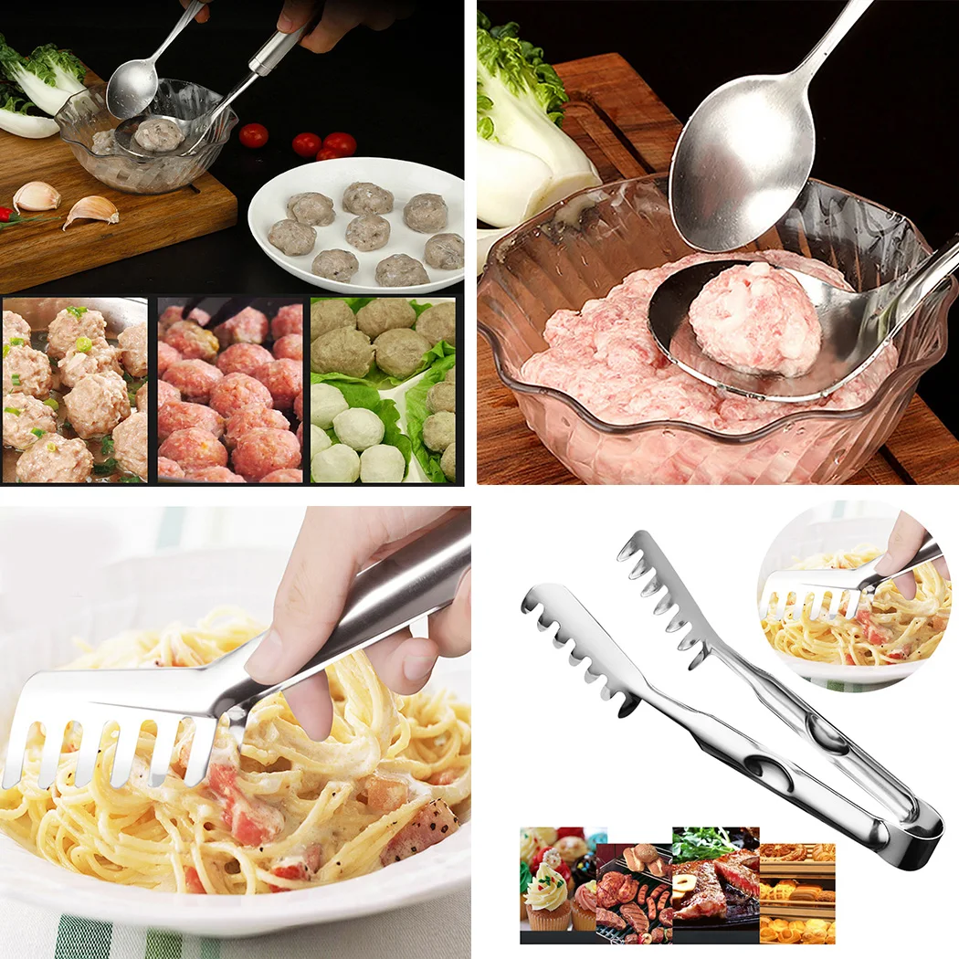 

4pcs Stainless Steel Meatball Maker Non-Stick Wood Handle Meatball Spoon With Tong Spoon Fork For Kitchen Tools