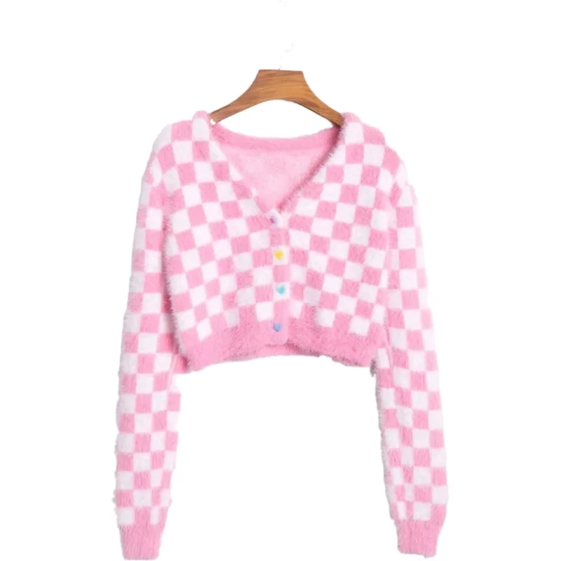 

Pink Women Knitted Cardigan Sweaters 2021 Long Sleeve V-neck Plaid Crop Tops Casual Outwears Single Breasted Short Coat