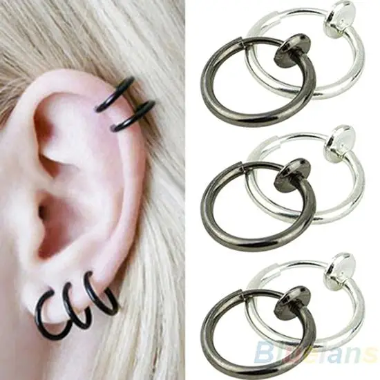 Hoop Clip on Earrings Step Diameter Circle Earring Punk Clip Stealth Spring Small Helix Retractable Ring Cuff Ear Ring Hoops