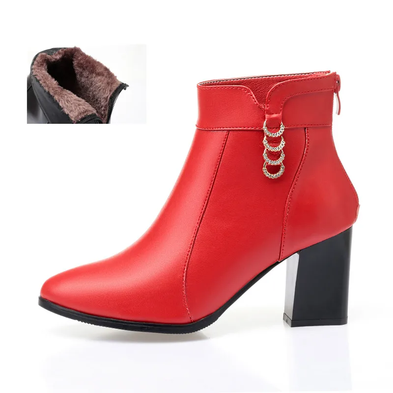 fluff red AIYUQI женские ботильоны натуральной телячьей кожи Модные женские ботинки красного цвета с заостренным носком, со стразами на высоких каблуках зимние Свадебный ботинок - Цвет: fluff red