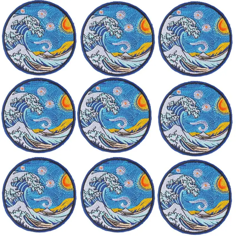 

10Pcs/Set Wholesale Van Gogh Cartoon Applique Embroidered Patches On Clothes Wave/Sun Iron On Patches For Clothing Badges