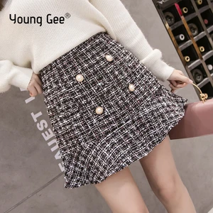 Женская твидовая мини-юбка-годе, на пуговицах, Осень-зима