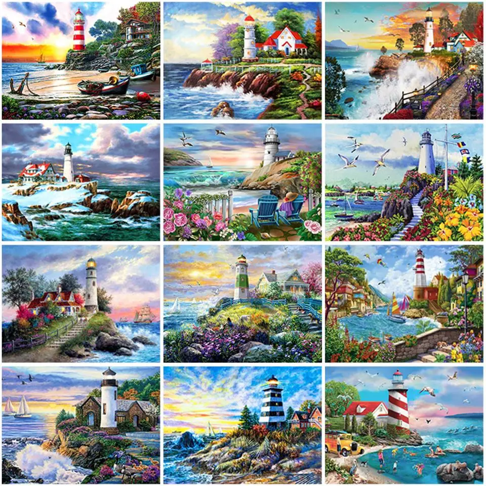 

Full Round Square Drill Diamond Embroidery Lighthouse Art Rhinestone DIY Diamond Painting Landscape Handicraft Home Decoration