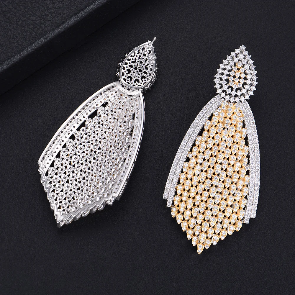

High Quality Big 66mm Trendy Geometry Drop Pierced Hollow Pendant Full Cubic Zirconia Dangle Earing Women Wedding Bridal Jewelry