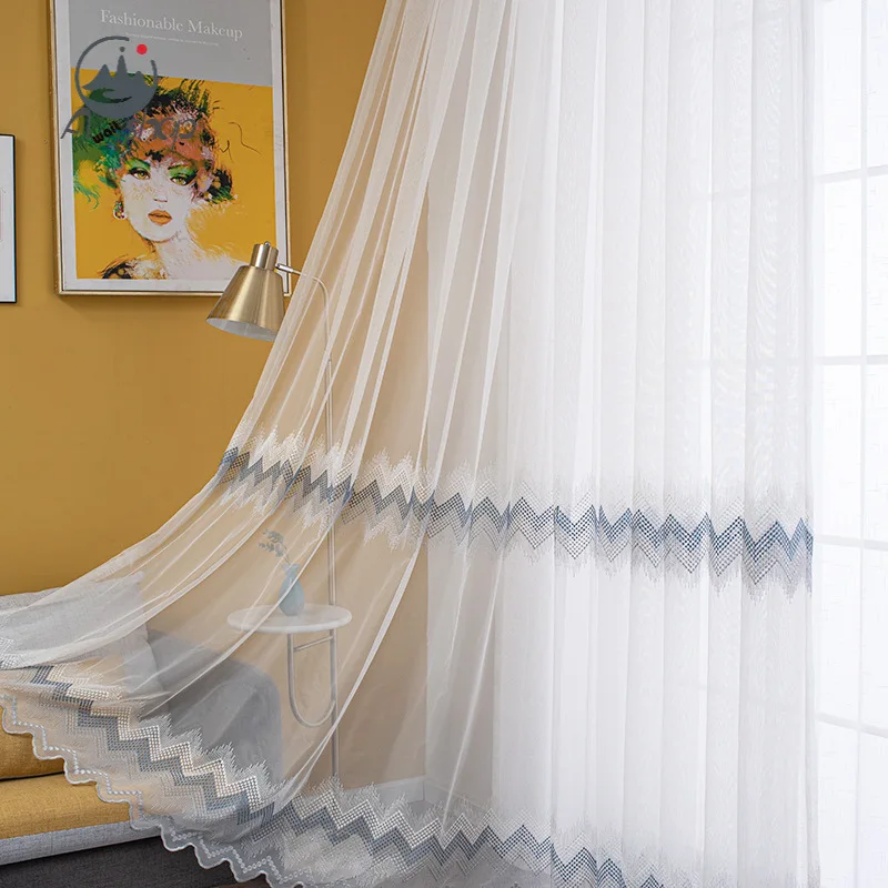 

Modern Minimalist Nordic Corrugated Embroidery Romantic Bay Window Balcony Sheer Curtains for Living Dining Room Bedroom