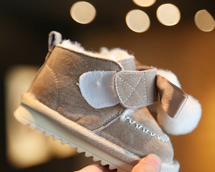 Claladoudou 12-14cm Brand Genuine Leather baby snow boots khaki black gray cute pompom bow tie princess dress shoes for winter