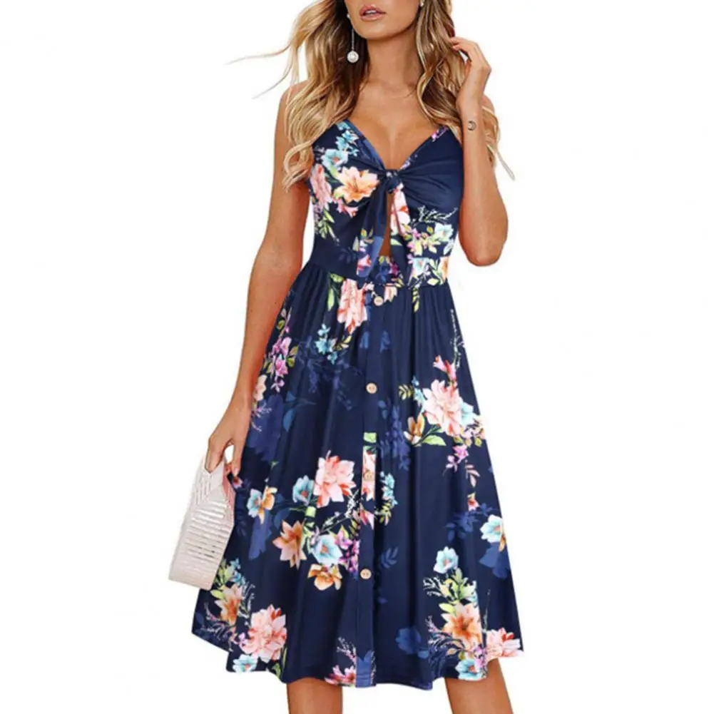 

2021 Hot Sales Women Dress Leaf Print Spaghetti Straps Summer V Neck Bow Buttons Dress for Party