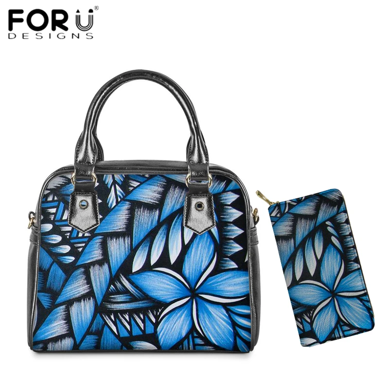 

FORUDESIGNS Polynesian African Plumeria 3D Print Blue Handbags Luxury PU Leather Shoulder Bags for Women 2pcs/set Messenger Bag