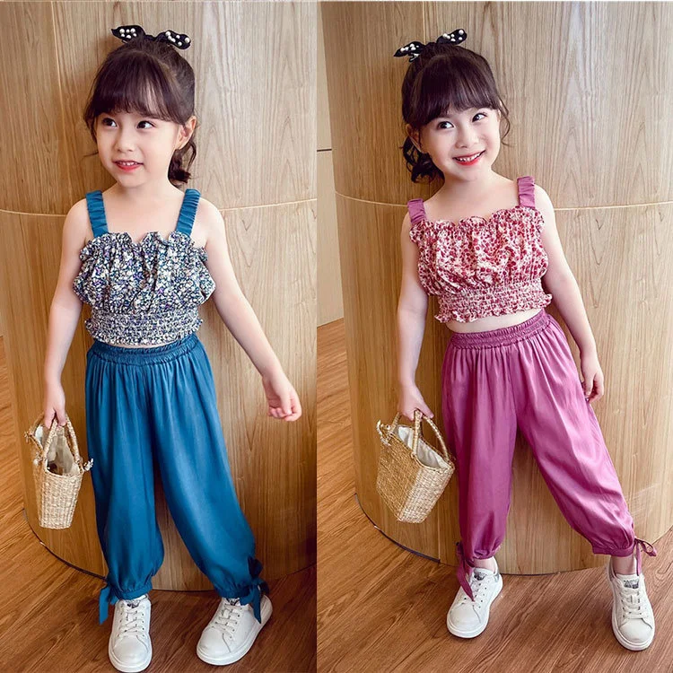 

Girls' Summer Suit 2021 Sleeveless Clothing Set Printed Crop Tops and Pants Suit Square Collar Fashion Two Pieces Sets for Kids