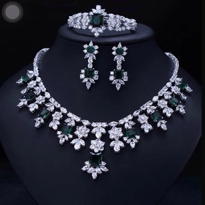Зеленые бриллианты кристаллы циркониевые серьги ожерелье браслет свадебный