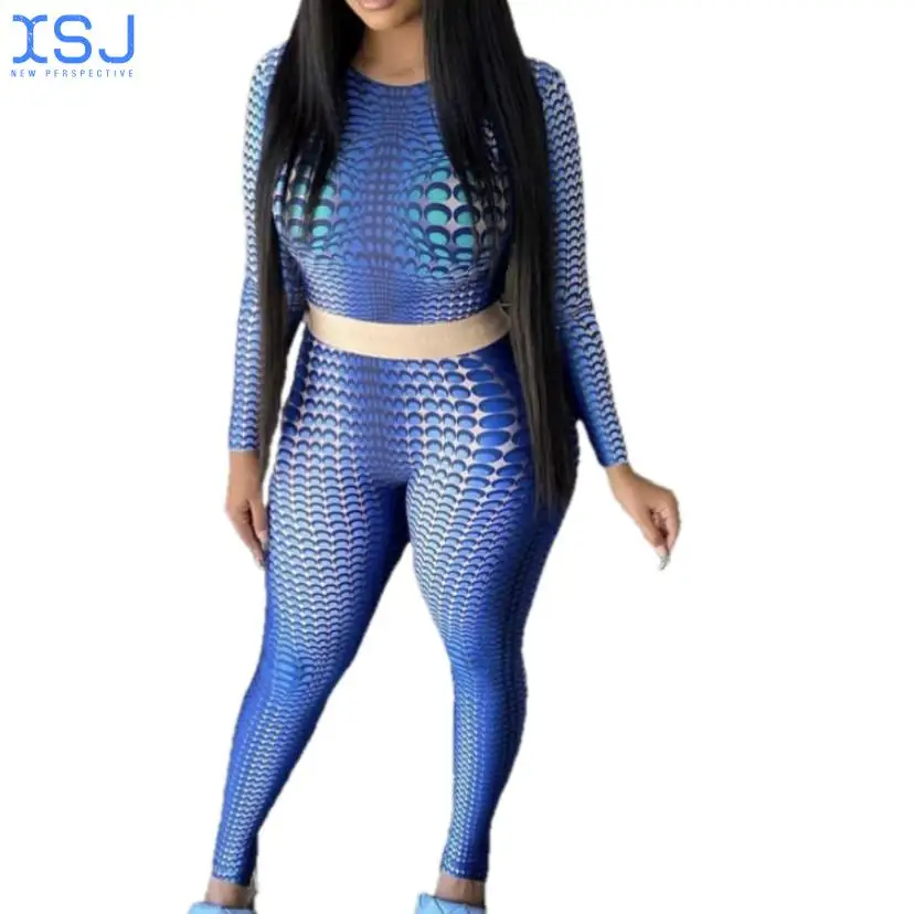 

Polka Dot Blue Printed Sportswear Women's 2-Piece Autumn Street Slim Top + Pencil Pants Suit Sexy Sportswear