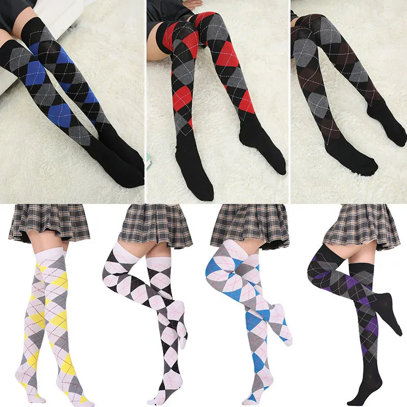 

1 Pair High Elastic Stockings For Women Girls Fashion Colorful Diamond Plaid Over The Knee Socks Breathable Stockings
