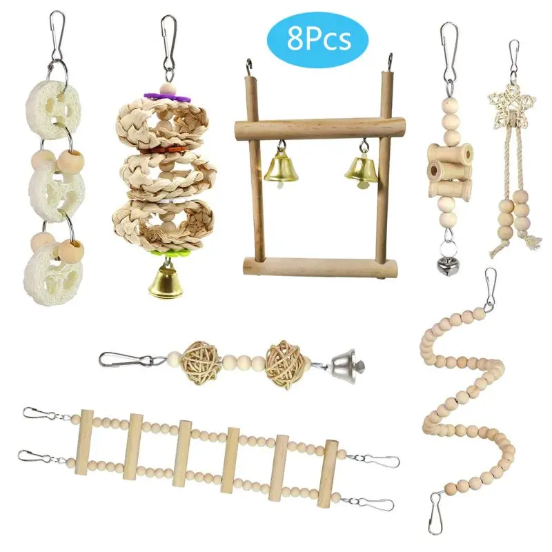 

8Pcs/Set Bird Parrot Toys Wooden Hanging Swing Hammock Climbing Ladders Parakeet Cockatiels Perches Pet Supplies