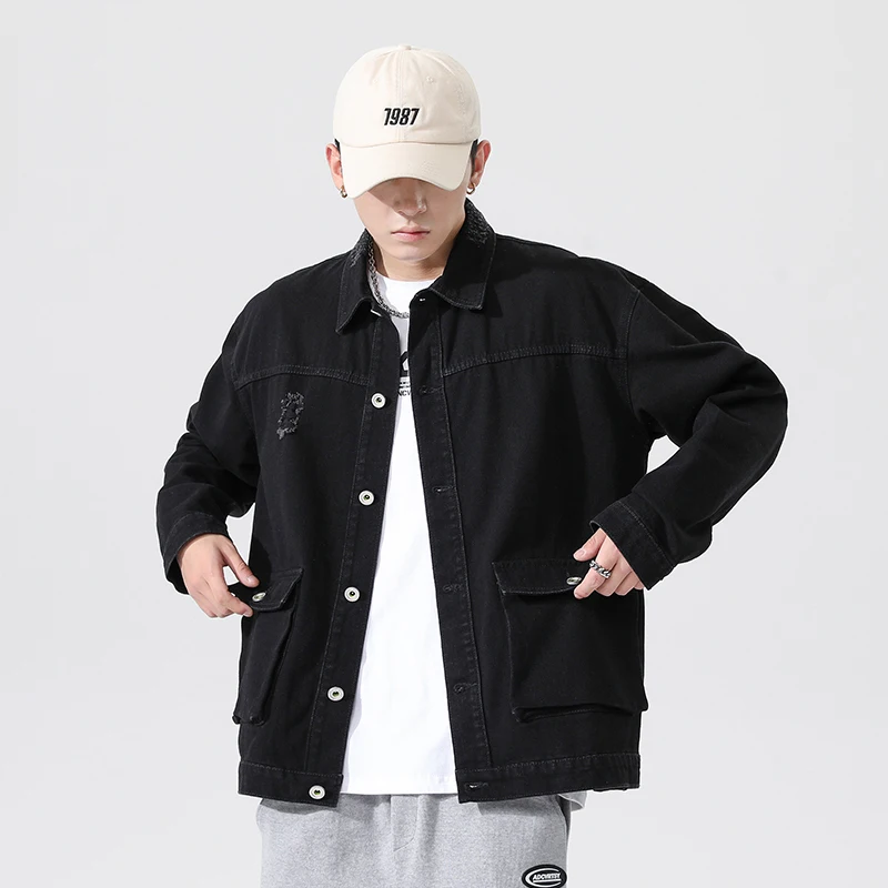 Мужская джинсовая куртка с длинным рукавом синяя приталенная из хлопка верхняя