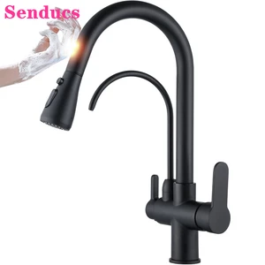 matte black touch filter kitchen faucets quality brass hot cold pull out kitchen mixer tap smart touch kitchen mixer faucets tap free global shipping